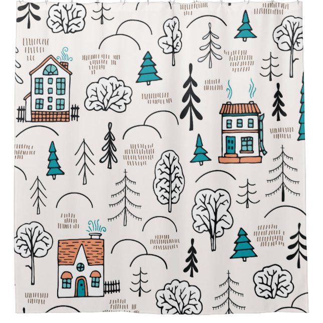 Scandinavian Style Houses Forest Pattern Shower Curtain (Front)