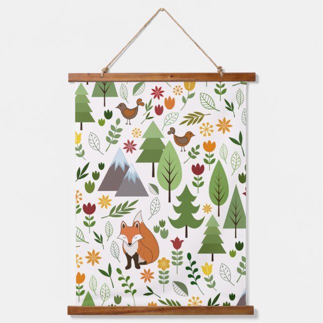 Scandinavian Style Illustrations on Cream Pattern Hanging Tapestry (Front)