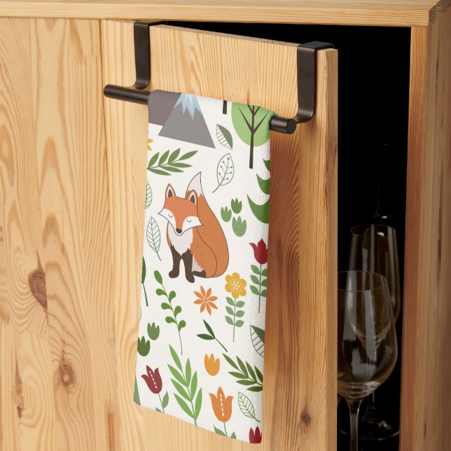 Scandinavian Style Illustrations on Cream Pattern Tea Towel (Thirds Fold)