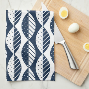 Scandinavian Style Leaves, Navy Blue and White Tea Towel