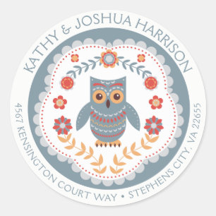 Scandinavian Style Owl and Flowers Return Address Classic Round Sticker
