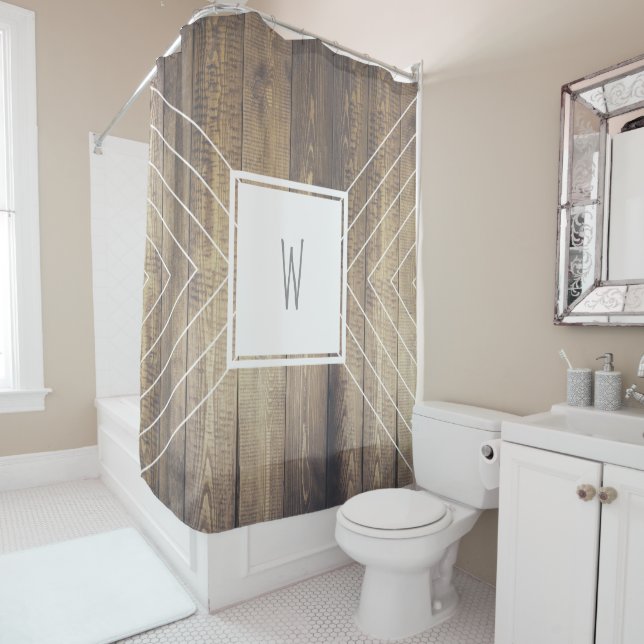 Scandinavian Style Wood Planks & White Arrows Shower Curtain (In Situ)