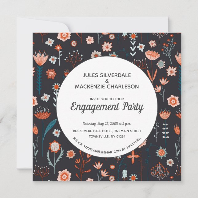 Scandinavian Summer Flowers Dark Boho Engagement Invitation (Front)