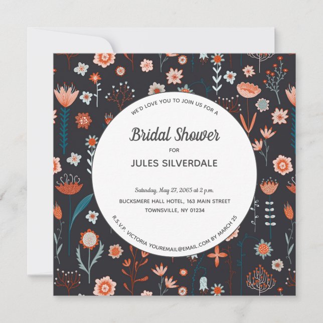 Scandinavian Summer Flowers Dark Bridal Shower Invitation (Front)