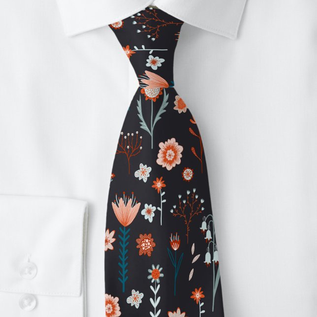 Scandinavian Summer Flowers Dark Tie (Scandinavian floral dark neck tie)