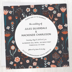 Scandinavian Summer Flowers Dark Wedding Invitation