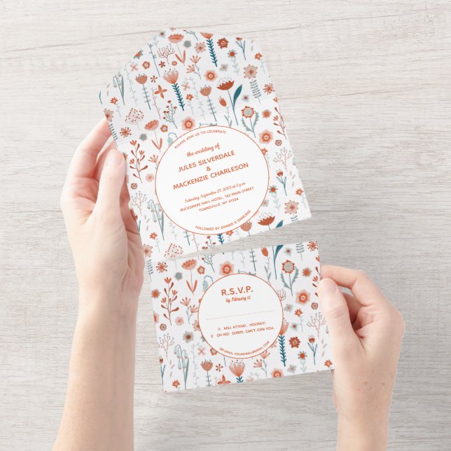 Scandinavian Summer Flowers Modern Boho Wedding All In One Invitation (Tearaway)