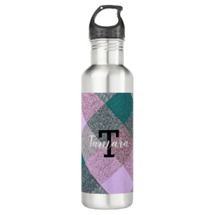 Scandinavian Teal Pink Plaid Monogrammed  710 Ml Water Bottle
