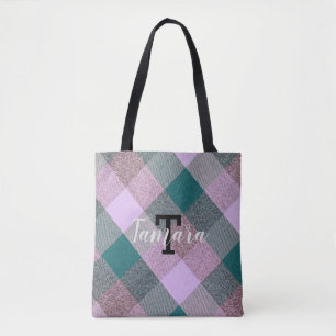 Scandinavian Teal Pink Plaid Monogrammed Name Tote Bag