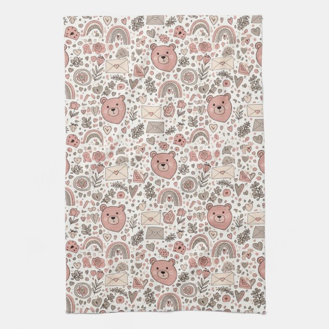 Scandinavian Teddy Bear Boho Pattern Tea Towel (Vertical)