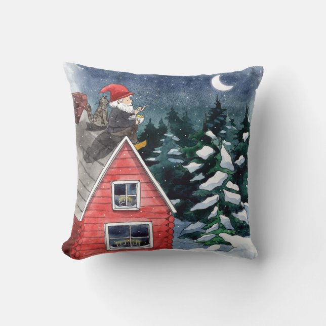 Scandinavian Tomten Christmas Gnome Watercolor Cushion (Front)