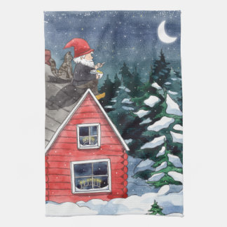 Scandinavian Tomten Christmas Gnome Watercolor Tea Towel
