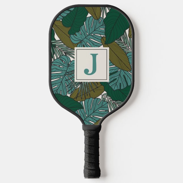 Scandinavian Tropical Leaves Custom Inital Pickleball Paddle (Front)