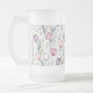 Scandinavian Tulip Floral Pattern Frosted Glass Beer Mug