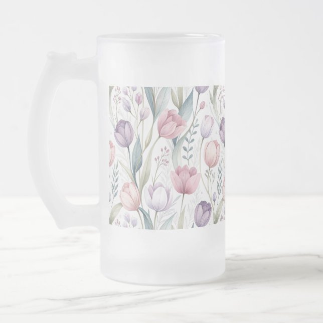 Scandinavian Tulip Floral Pattern Frosted Glass Beer Mug (Left)