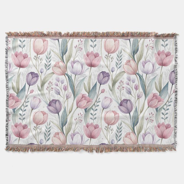 Scandinavian Tulip Floral Pattern Throw Blanket (Front)