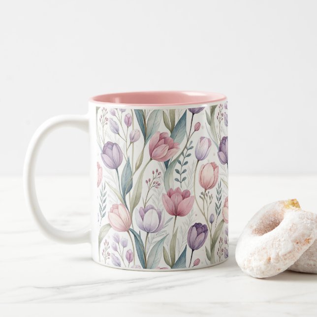 Scandinavian Tulip Floral Pattern Two-Tone Coffee Mug (With Donut)