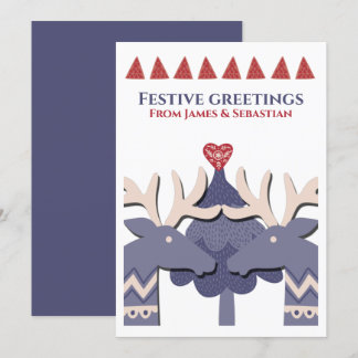 Scandinavian Two Male Reindeer Gay Personalised Holiday Card