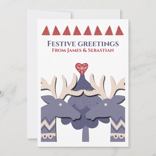 Scandinavian Two Male Reindeer Gay Personalised Holiday Card (Front)