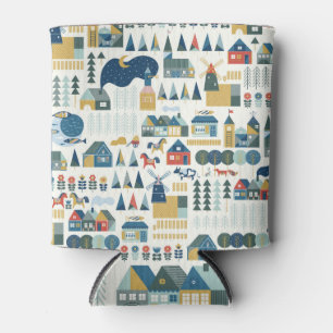Scandinavian village: pastel cosy pattern. can cooler