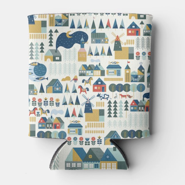 Scandinavian village: pastel cosy pattern. can cooler (Front)