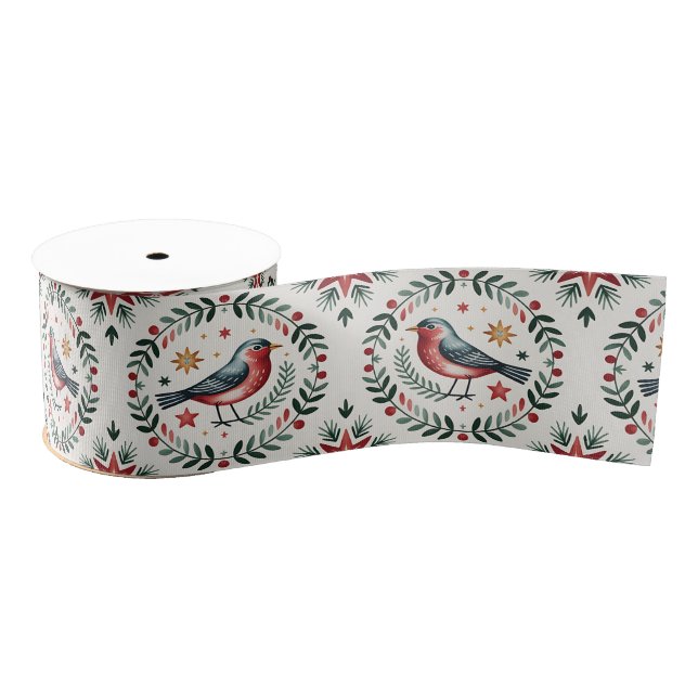 Scandinavian Vintage Christmas Folk Art Pattern Grosgrain Ribbon (Spool)