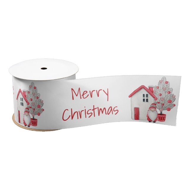 Scandinavian Watercolor Gnome,House Christmas Tree Satin Ribbon (Spool)
