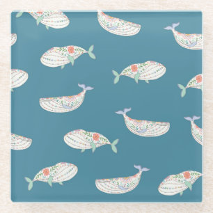 Scandinavian whale, sea animals pattern glass coaster