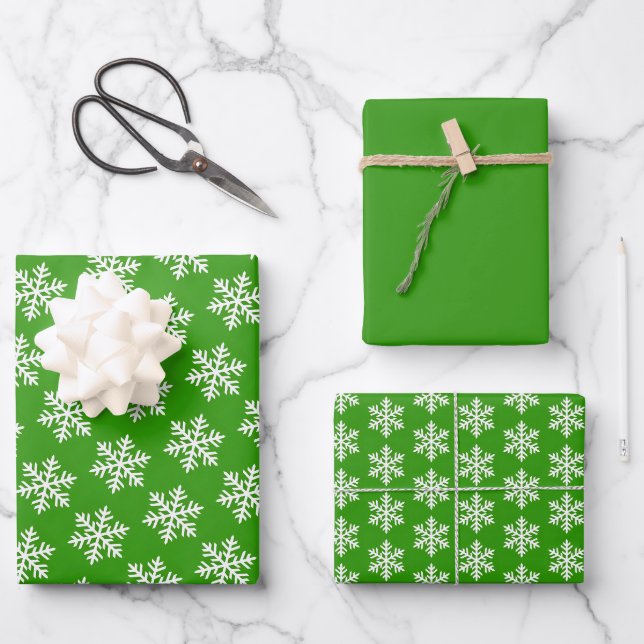 Scandinavian White Snowflake Pattern on Green Wrapping Paper Sheet (Front)