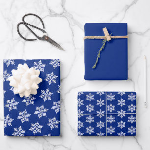 Scandinavian White Snowflake Pattern on Royal Blue Wrapping Paper Sheet