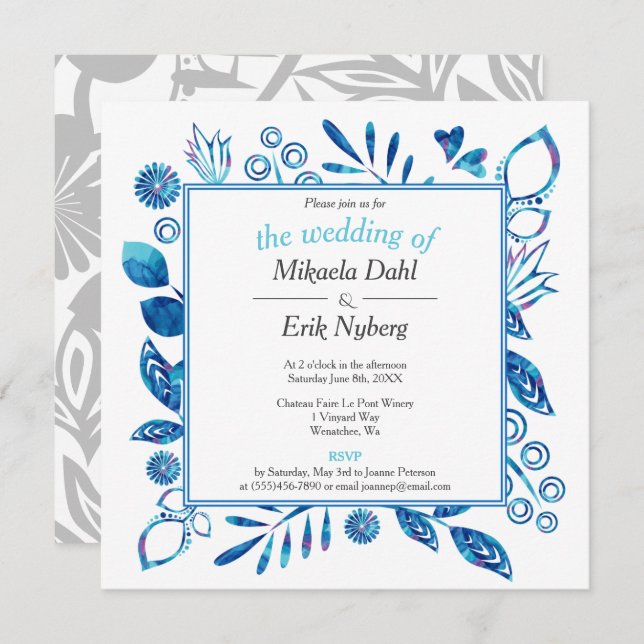 Scandinavian Winter Blue Floral Pattern Wedding Invitation (Front/Back)