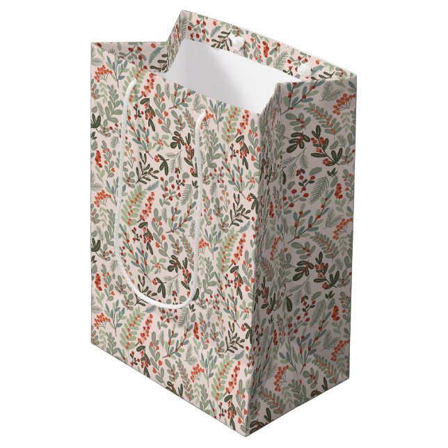 Scandinavian Winter Floral and Berry Holiday  Medium Gift Bag (Front Angled)