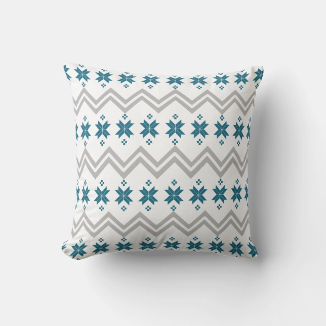 Scandinavian Winter Grey Chevrons and Teal Nordic Cushion (Front)