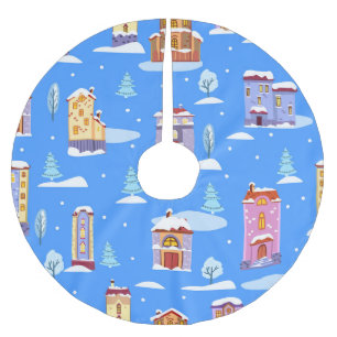 Scandinavian Winter Houses Snow Pattern Brushed Polyester Tree Skirt