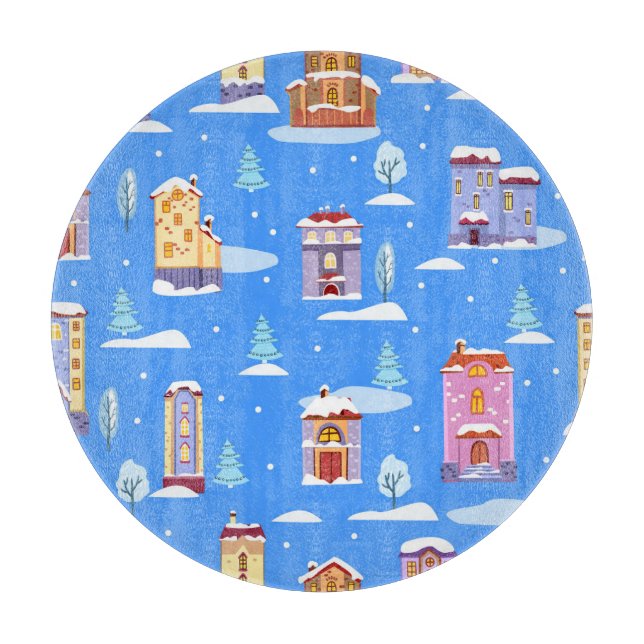 Scandinavian Winter Houses Snow Pattern Cutting Board (Front)