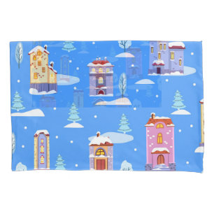 Scandinavian Winter Houses Snow Pattern Pillowcase