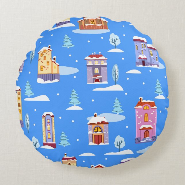 Scandinavian Winter Houses Snow Pattern Round Cushion (Front)