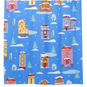 Scandinavian Winter Houses Snow Pattern Shower Curtain