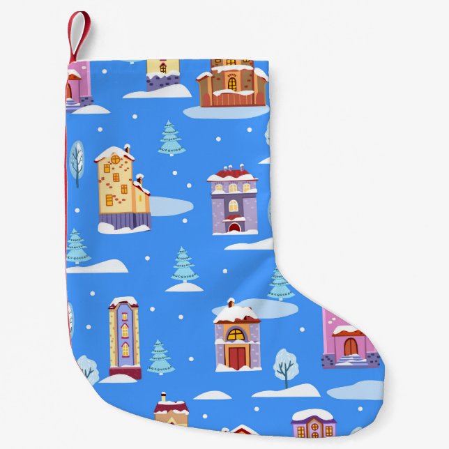 Scandinavian Winter Houses Snow Pattern Small Christmas Stocking (Front)