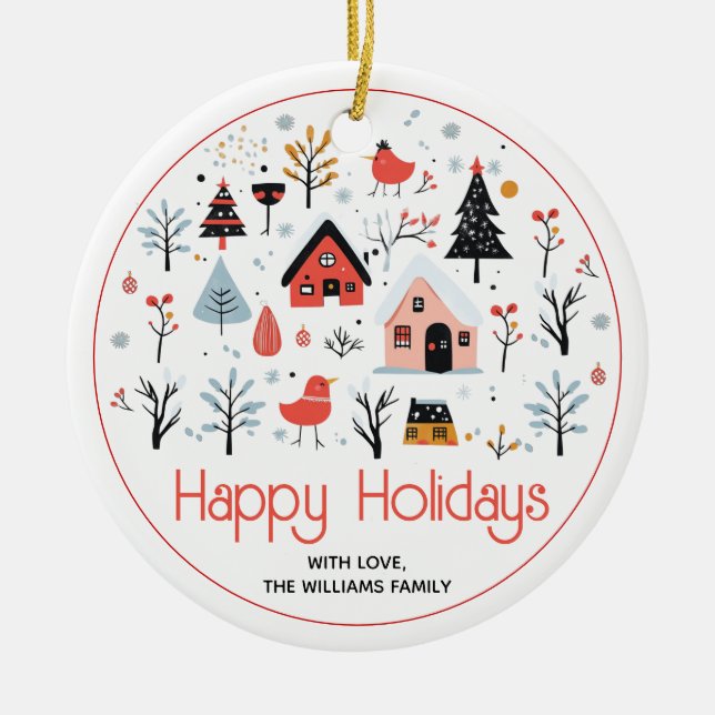 Scandinavian winter sceney Christmas holiday Ceramic Tree Decoration (Front)