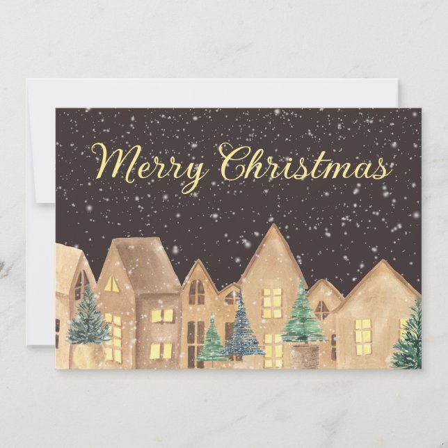 Scandinavian Winter Snow Village Merry Christmas Holiday Card (Front)