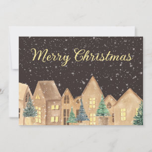 Scandinavian Winter Snow Village Merry Christmas Holiday Card