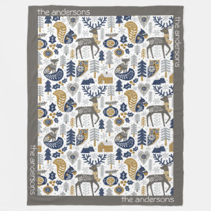 Scandinavian Woodland Animals Snowflakes Christmas Fleece Blanket