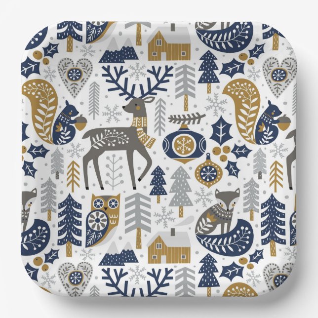 Scandinavian Woodland Animals Snowflakes Christmas Paper Plate (Front)