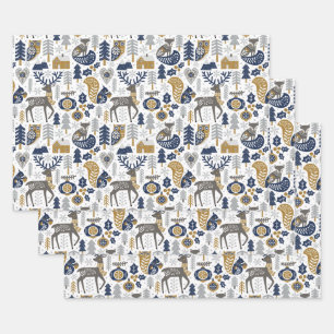 Scandinavian Woodland Animals Snowflakes Christmas Wrapping Paper Sheet