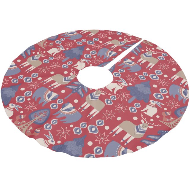 Scandinavian Woodland Winter Christmas Deer Brushed Polyester Tree Skirt (Angled)