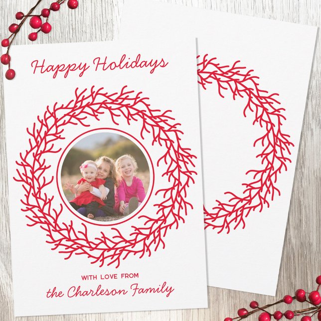 Scandinavian Wreath Photo Red and White Holiday Card (Scandinavian wreath personalized photo red and white Christmas or Holiday card)