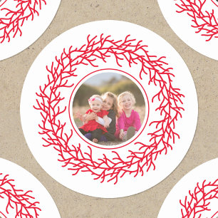 Scandinavian Wreath Photo Red and White Holiday Classic Round Sticker