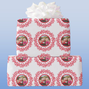 Scandinavian Wreath Photo Red and White Holiday Wrapping Paper