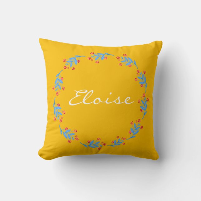 Scandinavian Yellow Folk Floral Wreath Custom Name Cushion (Front)